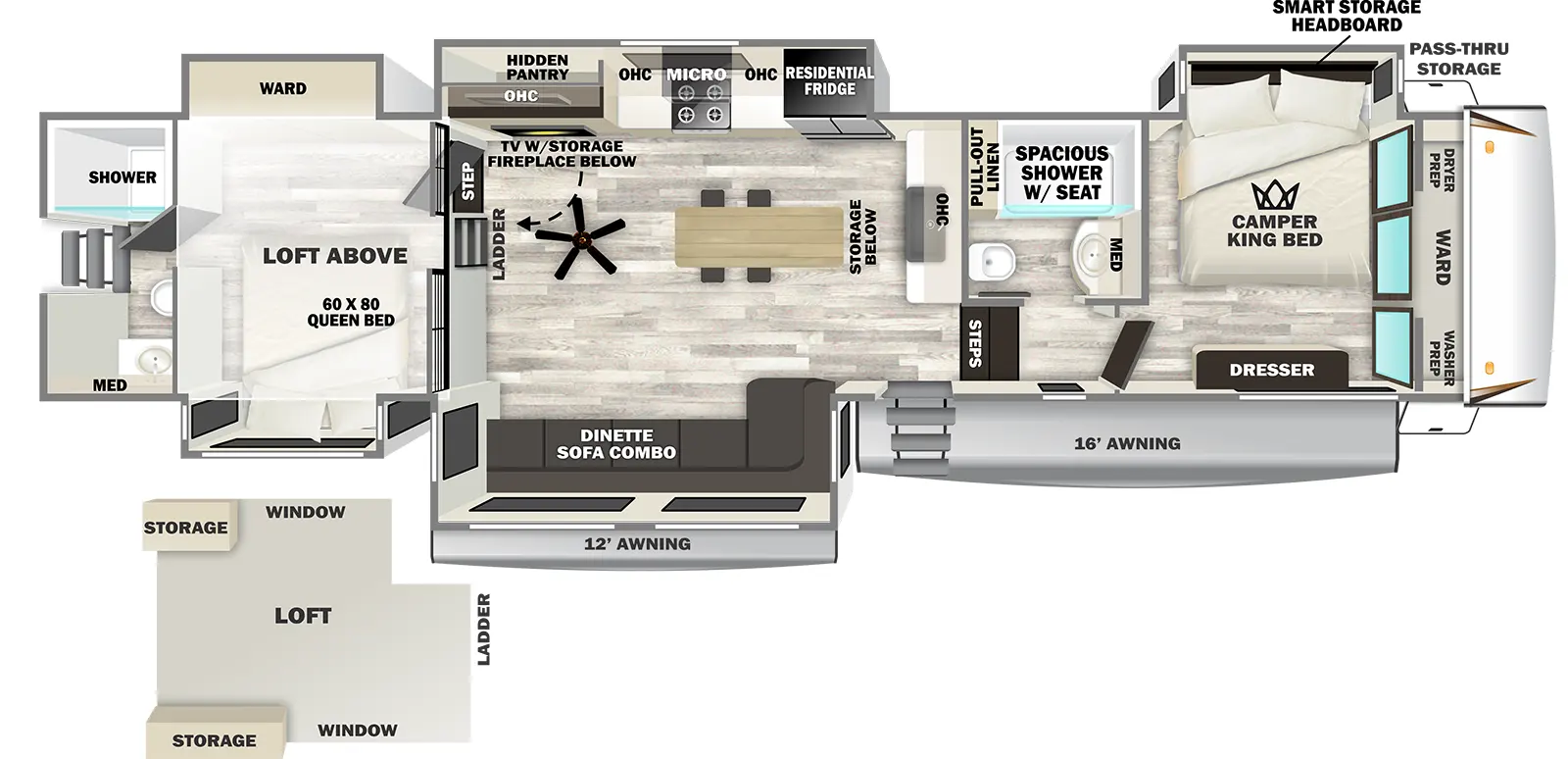 The Sabre 36DBB floorplan has one entry and five slide outs. Exterior features include: fiberglass exterior and 10'6" & 16' awning. Interiors features include: loft, kitchen island, front bedroom and rear bathroom.